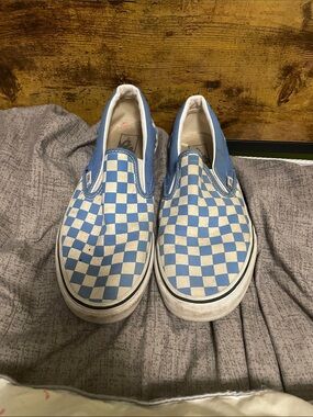 Vans men 10 Slip-On Sneakers in Light Blue and White Checkerboard